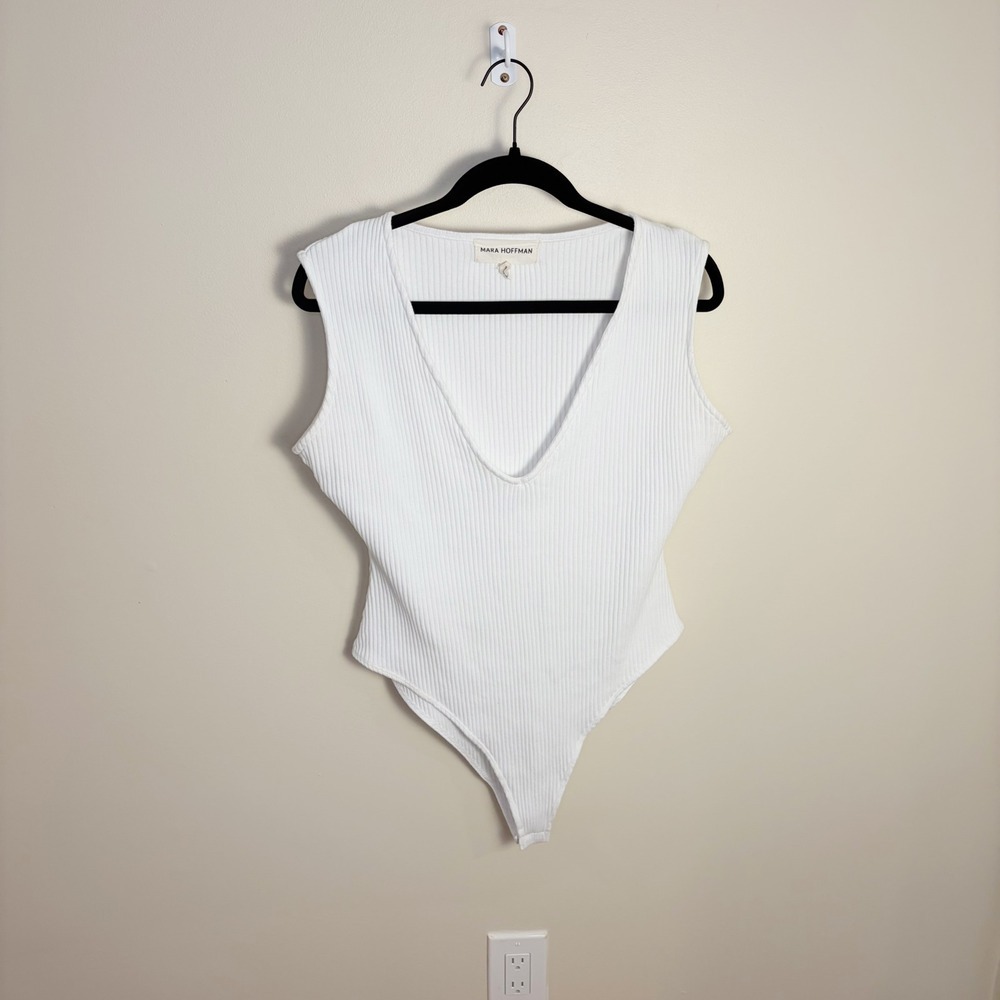 Mara Hoffman Bodysuit Large White Ribbed Deep V-Neck Sleeveless Thong Snap - Picture 3 of 8
